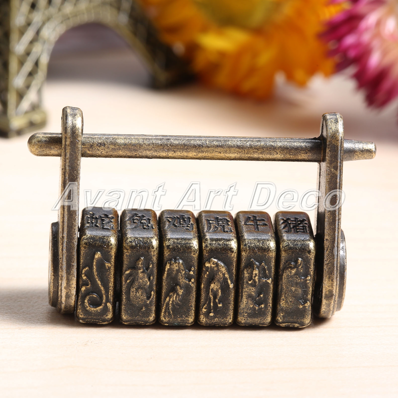 caratteri classici cinesi Password Lock Lucchetto zodiacale per gioielli scatola di legno Blocco password vintage 