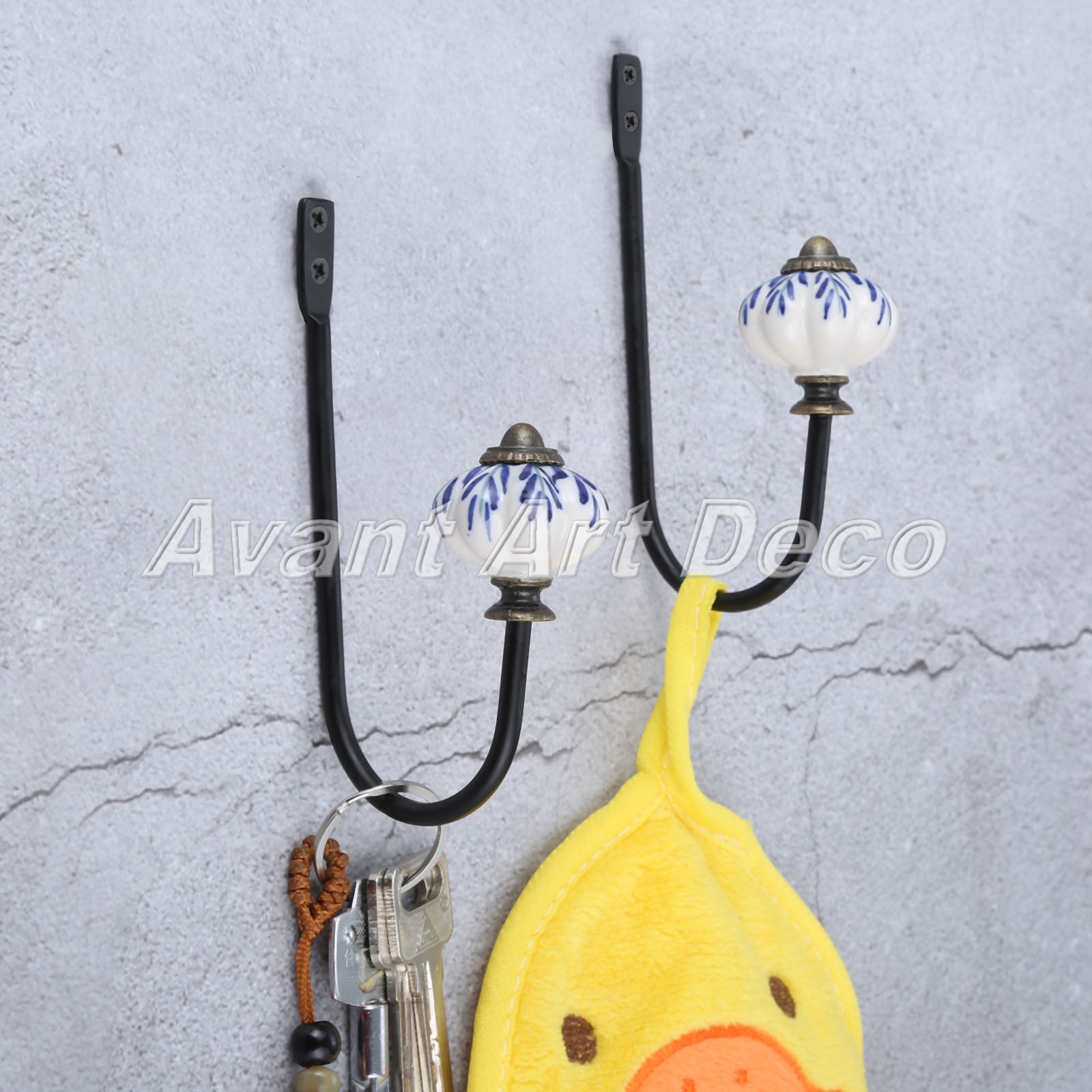 Black Coat Hat Bag Hanger Vintage Style Floral Ceramic Wall Door Hook